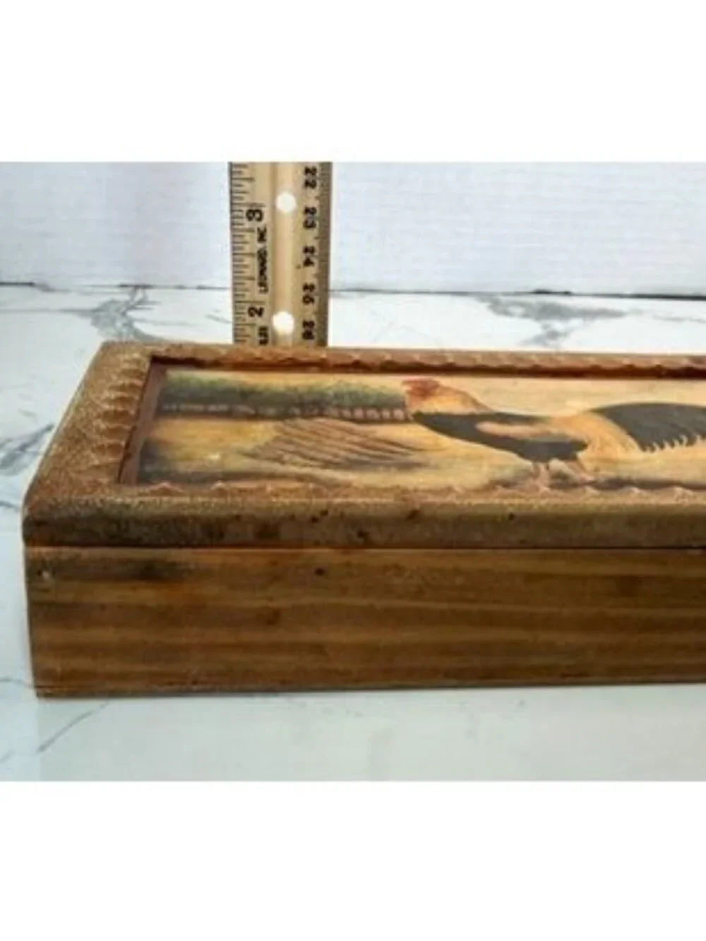 Vintage Rooster Wood Storage Hinged Trinket Box , country, farmhouse